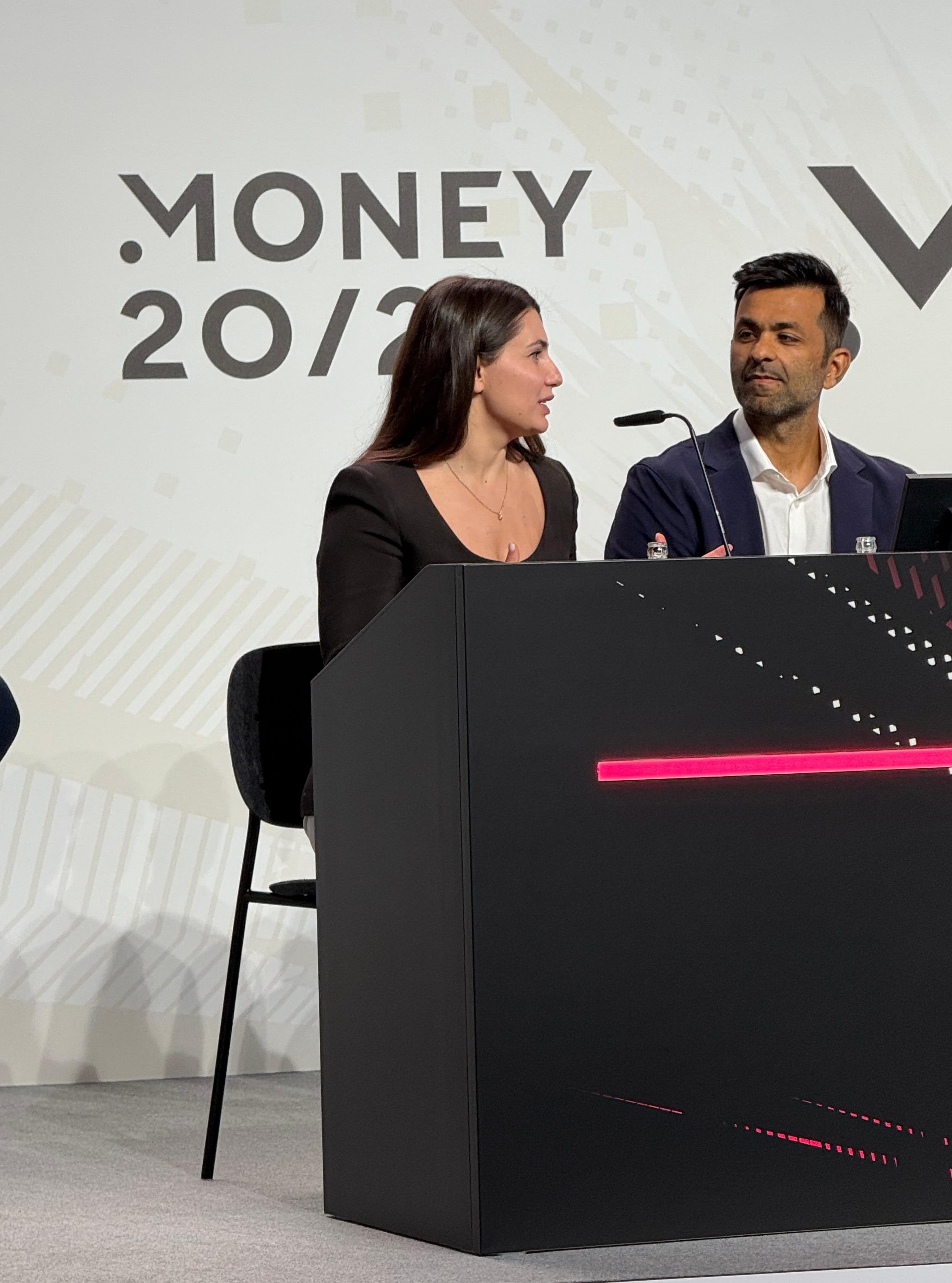 Antigoni at Money20/20 Europe media briefing stage