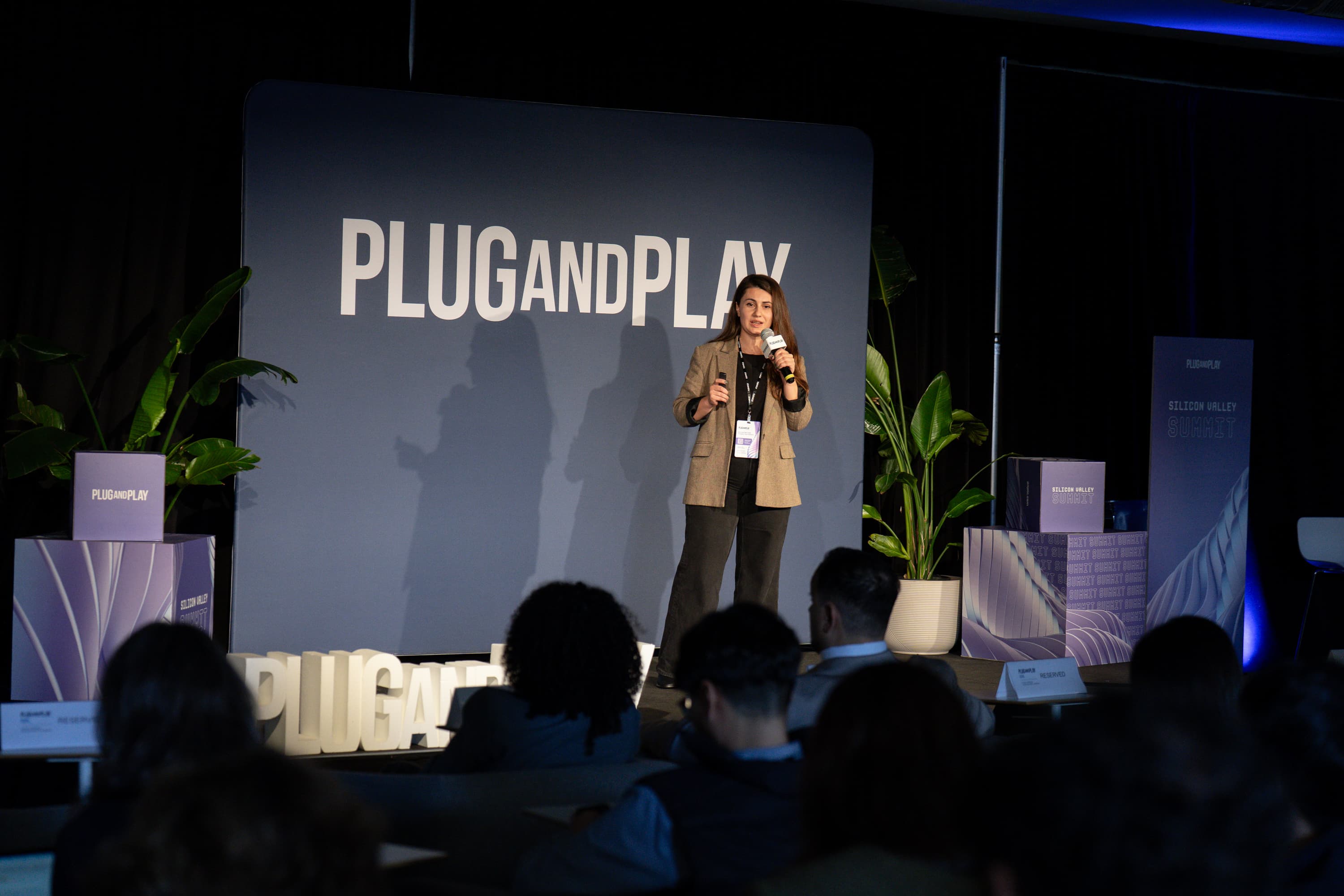 Antigoni pitching on stage at Plug and Play Tech Center